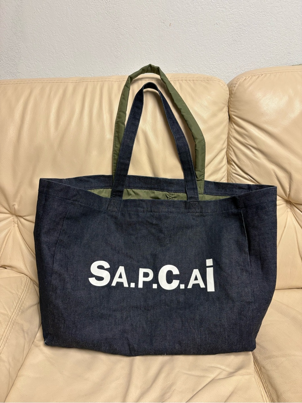 SACAI x APC Large Denim Tote Bag Reversible Green Nylon Bomber Jacket Style - Picture 1 of 13
